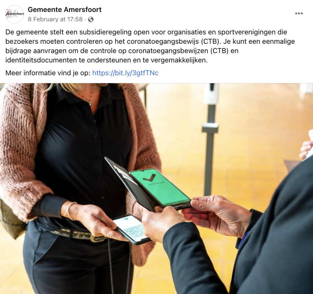 Facebook post subsidieregeling voor handhaving coronatoegangsbewijs